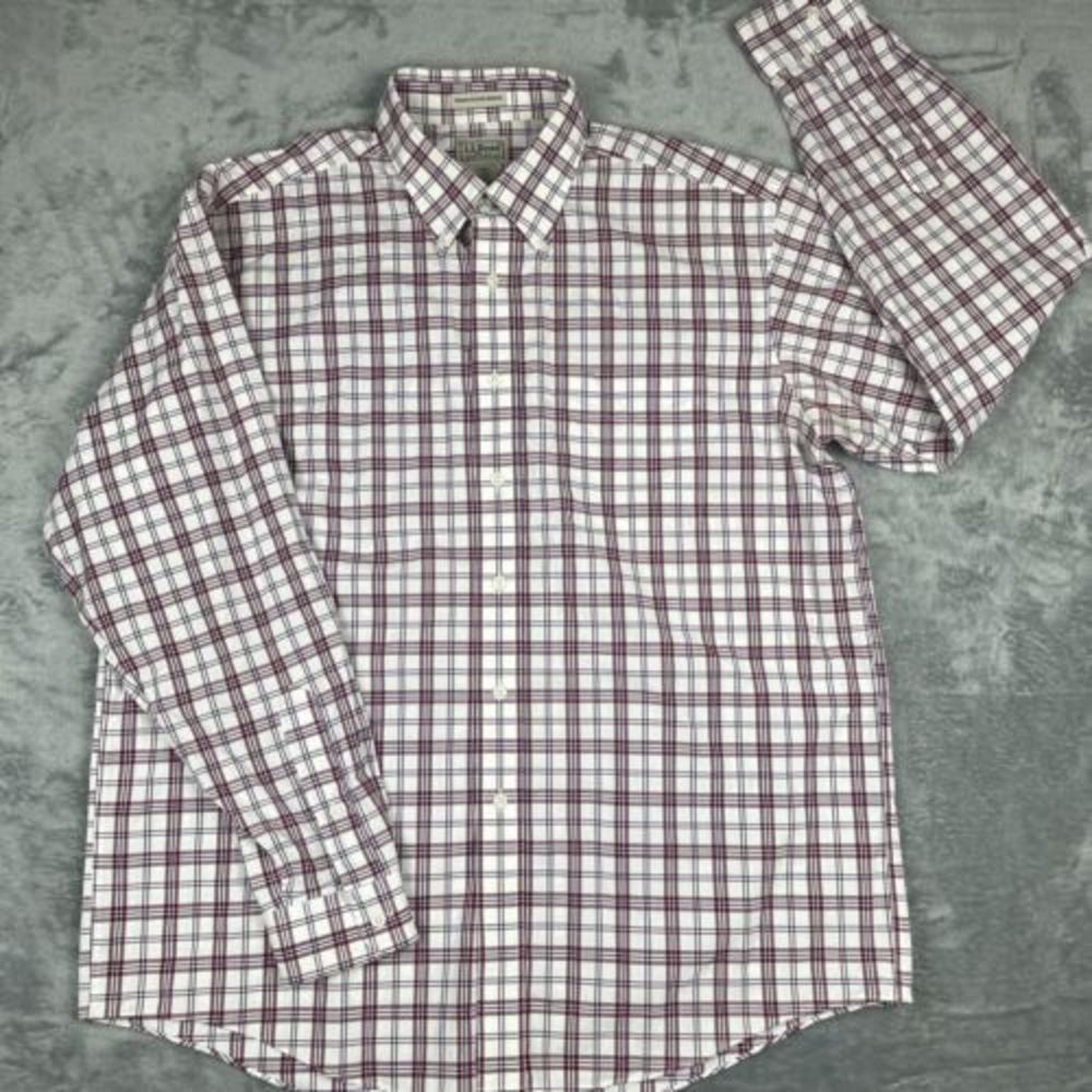 LL Bean Mens L REG Wrinkle Resistant Red Plaid Long Sleeve Button Up Shirt